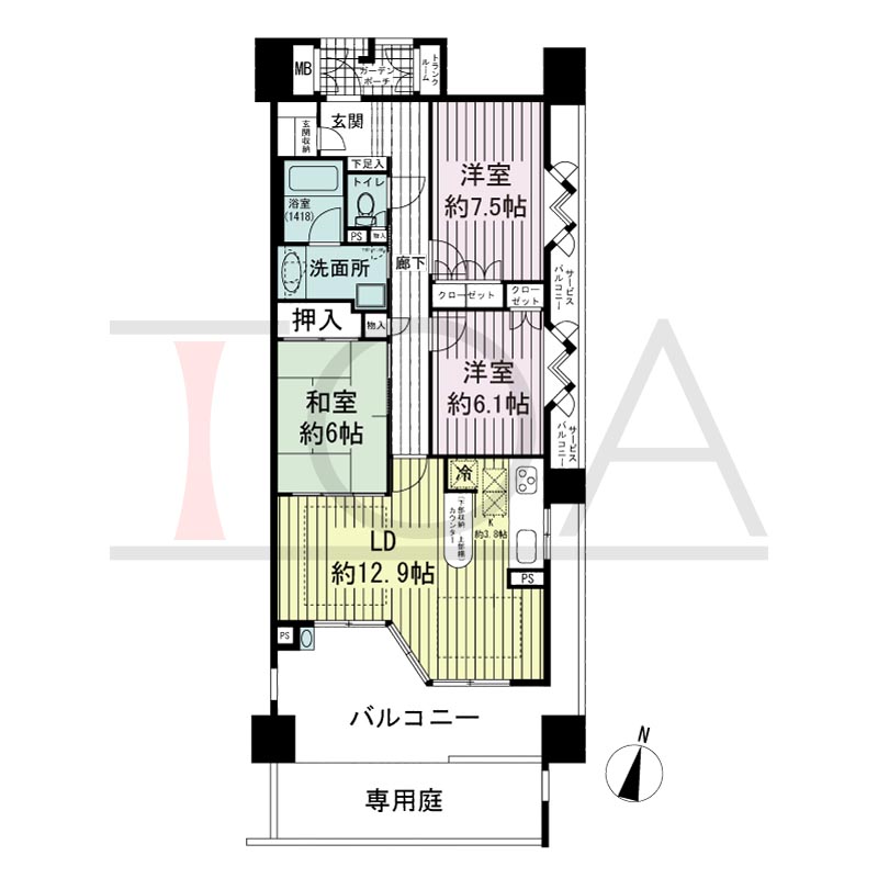 摩耶シーサイドプレイスウエスト2番館の間取り図 南向き角 3LDK 専有面積83.76m2
バルコニー面積20.79m2
サービスバルコニー面積6.03m2
ガーデンポーチ面積3.37m2
専用庭面積12.80m2
