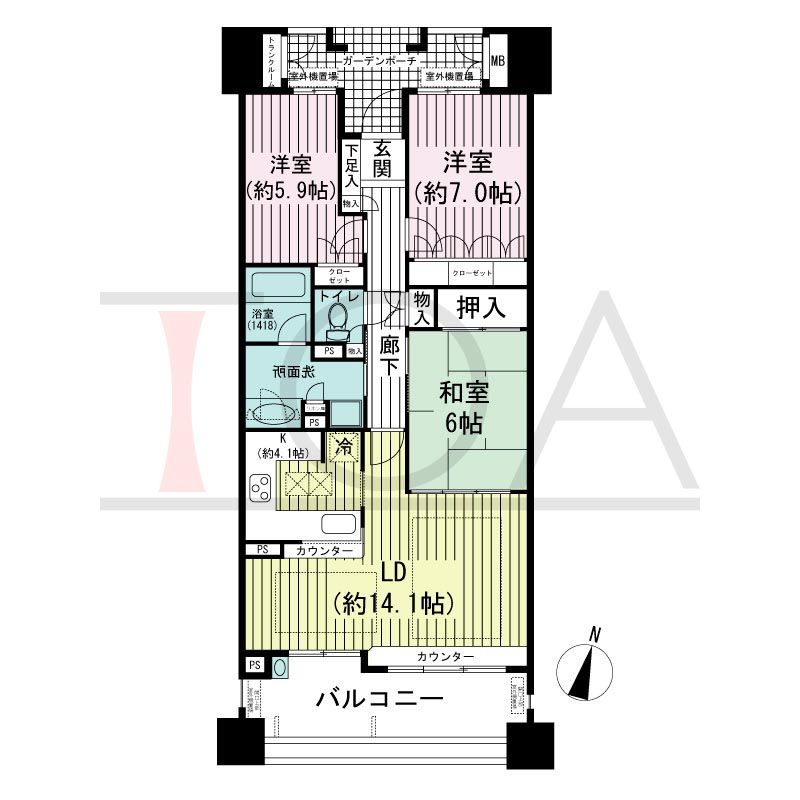 摩耶シーサイドプレイスウエスト2番館の間取り図 南向き 3LDK 専有面積83.41m2
バルコニー面積14.49m2
ガーデンポーチ面積6.36m2