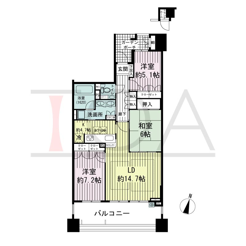摩耶シーサイドプレイスウエスト2番館の間取り図 南向き 3LDK 専有面積85.10m2
バルコニー面積18.18m2
ガーデンポーチ面積4.70m2