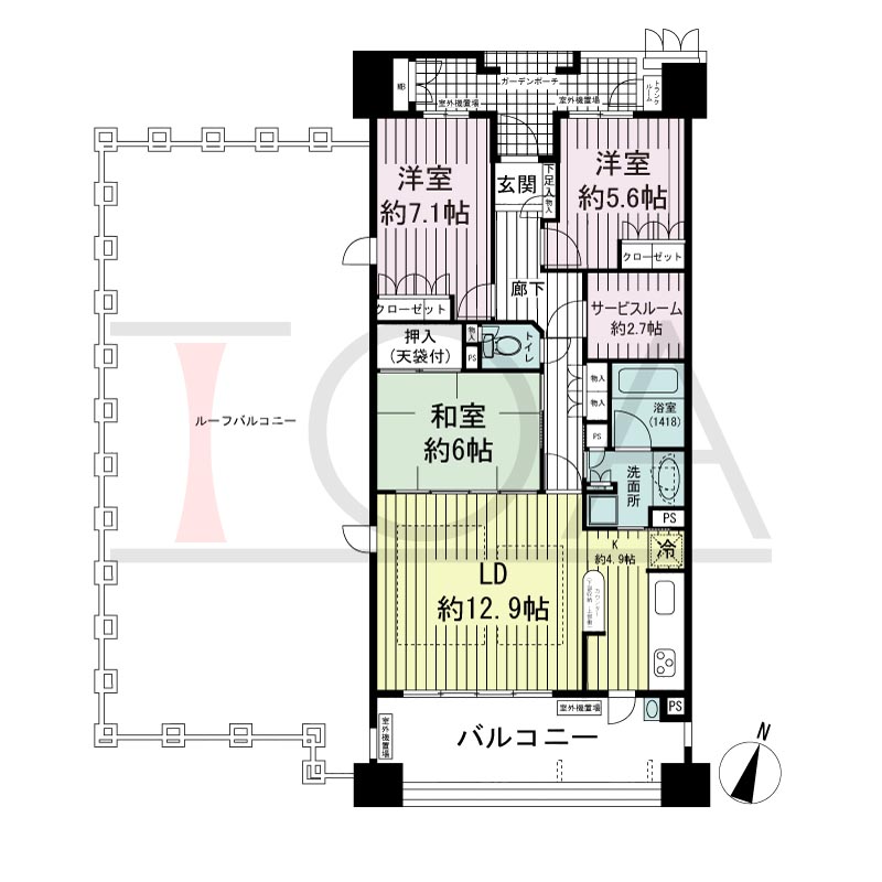 摩耶シーサイドプレイスウエスト2番館の間取り図 西向き角 3LDK+S 専有面積87.26m2
バルコニー面積16.73m2
ルーフバルコニー面積16.73m2
ガーデンポーチ面積6.75m