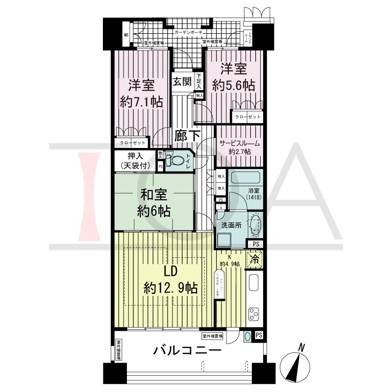 摩耶シーサイドプレイスウエスト2番館の間取り図 南向き 3LDK+S 専有面積87.26m2
バルコニー面積16.73m2
ガーデンポーチ面積6.75m2