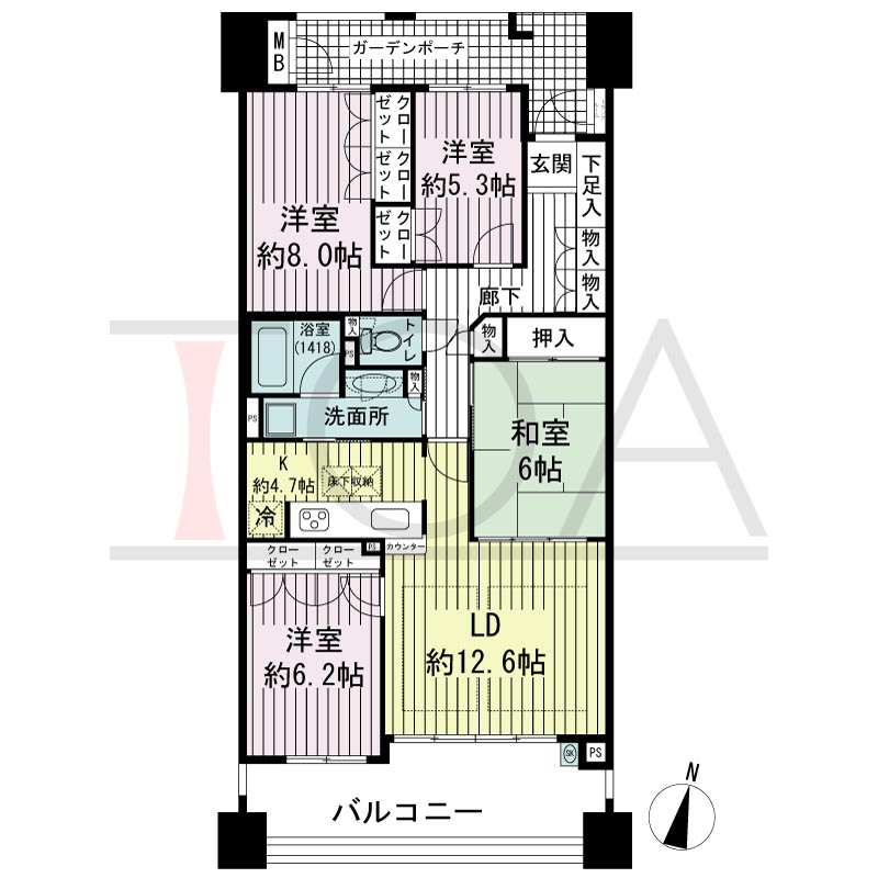 摩耶シーサイドプレイスウエスト2番館の間取り図 南向き 4LDK 専有面積95.79m2
バルコニー面積17.06m2
ガーデンポーチ面積8.09m2