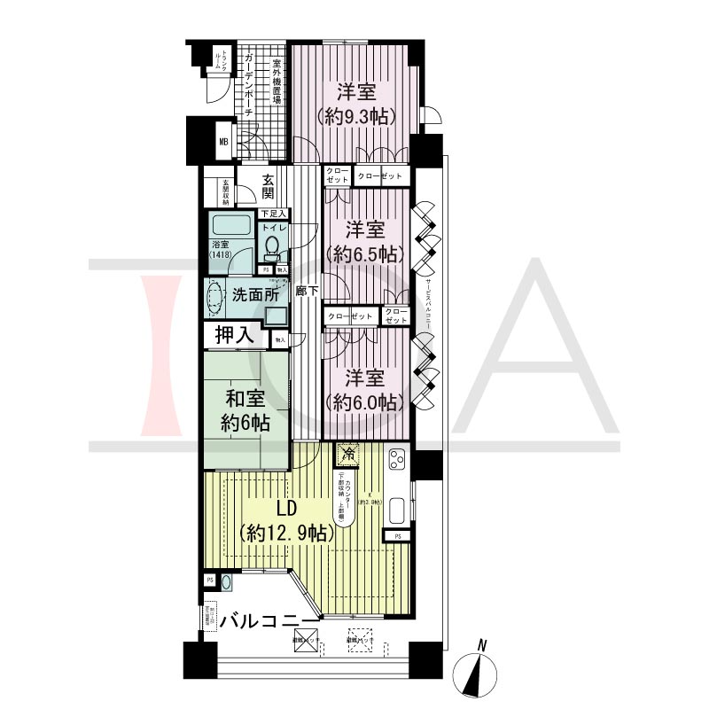 摩耶シーサイドプレイスウエスト2番館の間取り図 南向き角 4LDK 専有面積98.53m2
バルコニー面積20.79m2
サービスバルコニー面積6.03m2
ガーデンポーチ面積5.49m2
