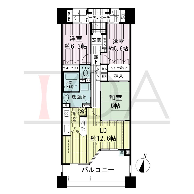 摩耶シーサイドプレイスウエスト3番館の間取り図 南向き 3LDK 専有面積78.66m2
バルコニー面積17.69m2
ガーデンポーチ面積6.09m2