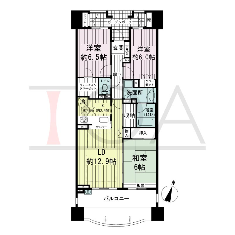 摩耶シーサイドプレイスウエスト3番館の間取り図 南向き 3LDK 専有面積80.84m2
バルコニー面積17.17m2
ガーデンポーチ面積6.09m2