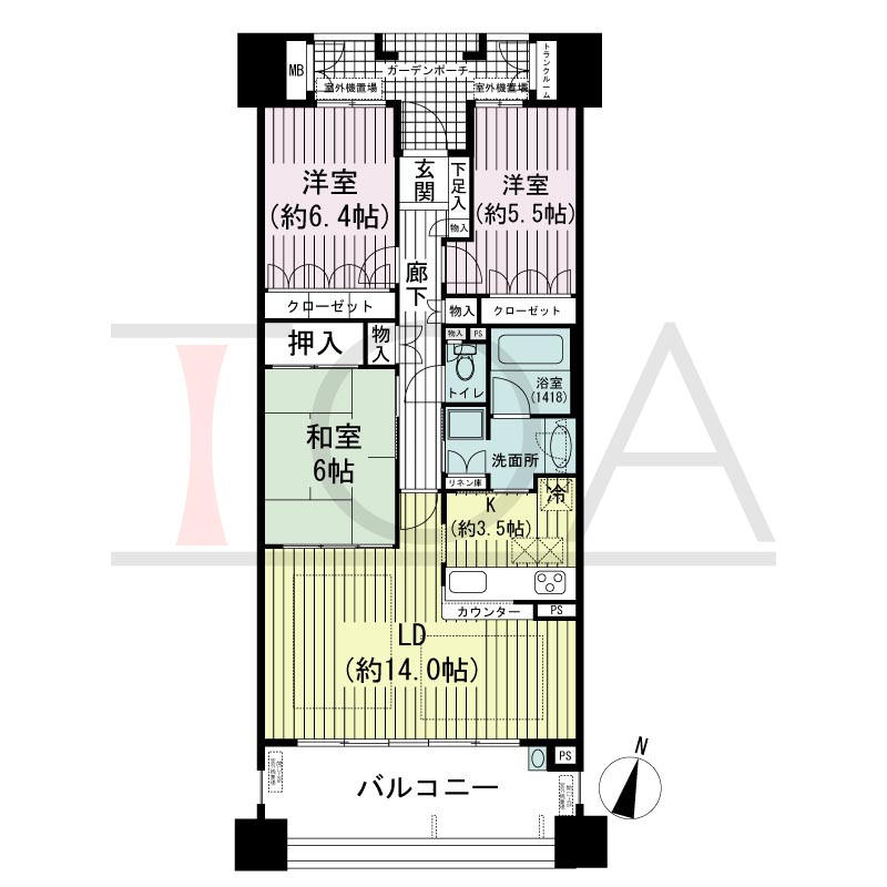 摩耶シーサイドプレイスウエスト3番館の間取り図 南向き 3LDK 専有面積80.84m2
バルコニー面積15.52m2
ガーデンポーチ面積6.09m2