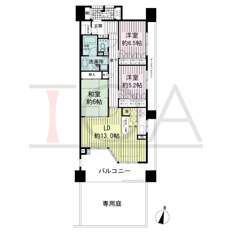 摩耶シーサイドプレイスウエスト3番館の間取り図 南東角 3LDK 専有面積83.20m2
バルコニー面積19.57m2
サービスバルコニー面積7.20m2
ガーデンポーチ面積3.37m2