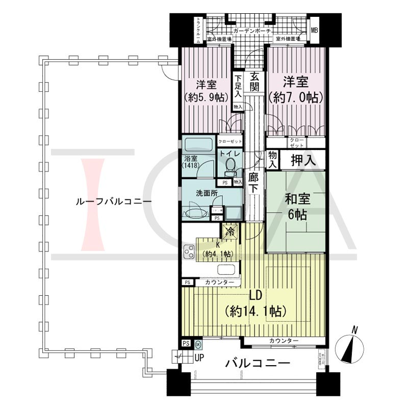 摩耶シーサイドプレイスウエスト3番館の間取り図 南西角 3LDK 専有面積83.41m2
バルコニー面積14.49m2
ガーデンポーチ面積6.36m2