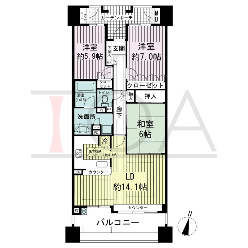 摩耶シーサイドプレイスウエスト3番館の間取り図 南向き 3LDK 専有面積83.41m2
バルコニー面積14.49m2
ガーデンポーチ面積6.36m2