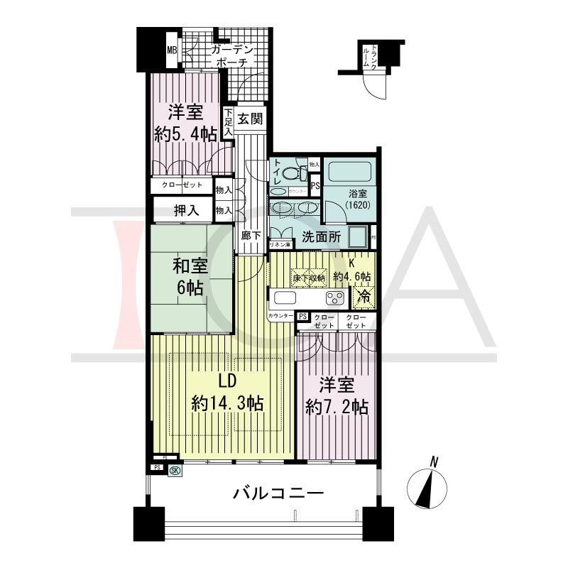 摩耶シーサイドプレイスウエスト3番館の間取り図 南向き 3LDK 専有面積85.10m2
バルコニー面積18.18m2
ガーデンポーチ面積4.70m2