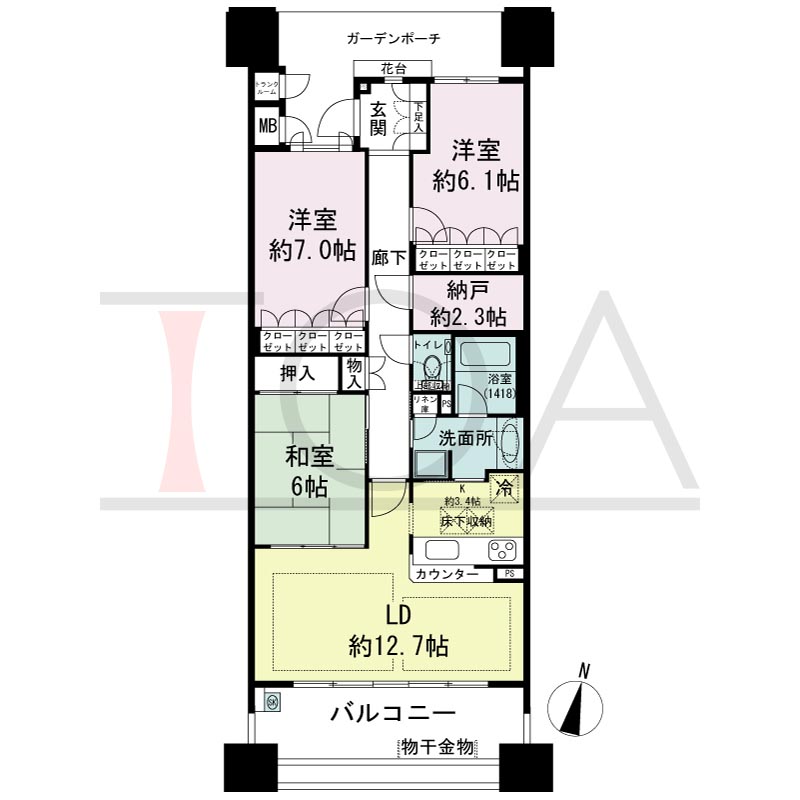 摩耶シーサイドプレイスフェアコースト1番館の間取り図 南向き　3LDK+納戸　専有面積87.00m2
バルコニー面積15.31m2
ガーデンポーチ面積11.01ｍ2