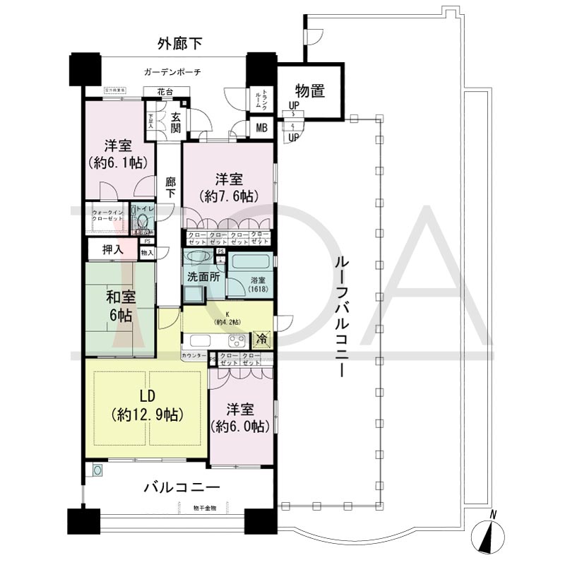 摩耶シーサイドプレイスフェアコースト1番館の間取り図 南東角　4LDK　専有面積96.19m2
バルコニー面積18.74m2
ガーデンポーチ面積12.65ｍ2