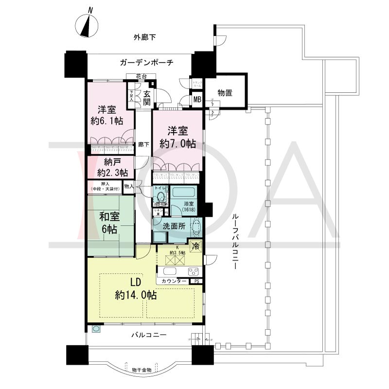 摩耶シーサイドプレイスフェアコースト1番館の間取り図 南東角　3LDK+納戸　専有面積90.17m2
バルコニー面積16.65m2
ガーデンポーチ面積11.47ｍ2