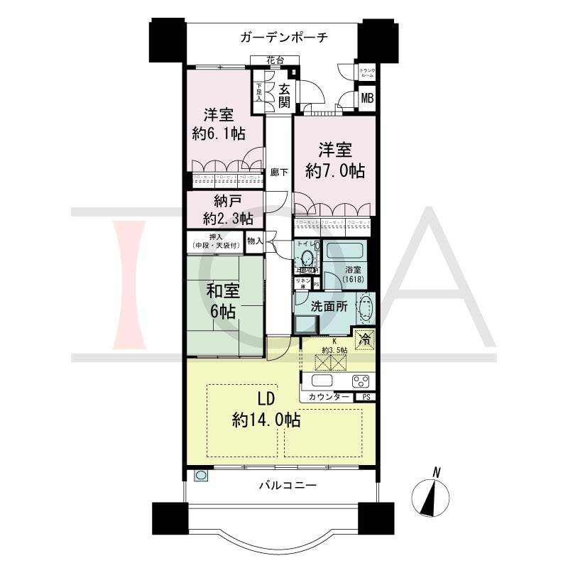 摩耶シーサイドプレイスフェアコースト1番館の間取り図 南向き　3LDK+納戸　専有面積90.17m2
バルコニー面積16.65m2
ガーデンポーチ面積11.61ｍ2