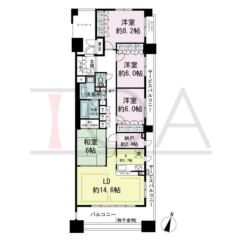 摩耶シーサイドプレイスフェアコースト1番館の間取り図 南東角　4LDK+納戸　専有面積110.68m2
バルコニー面積15.31m2
サービスバルコニー面積19.06m2
ガーデンポーチ面積9.47ｍ2