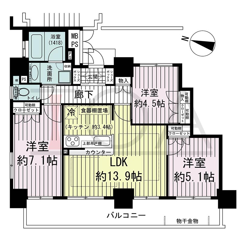 ワコーレ神戸灘タワーの間取り図 西向き角 3LDK 専有面積68.75m2
バルコニー面積13.91m2