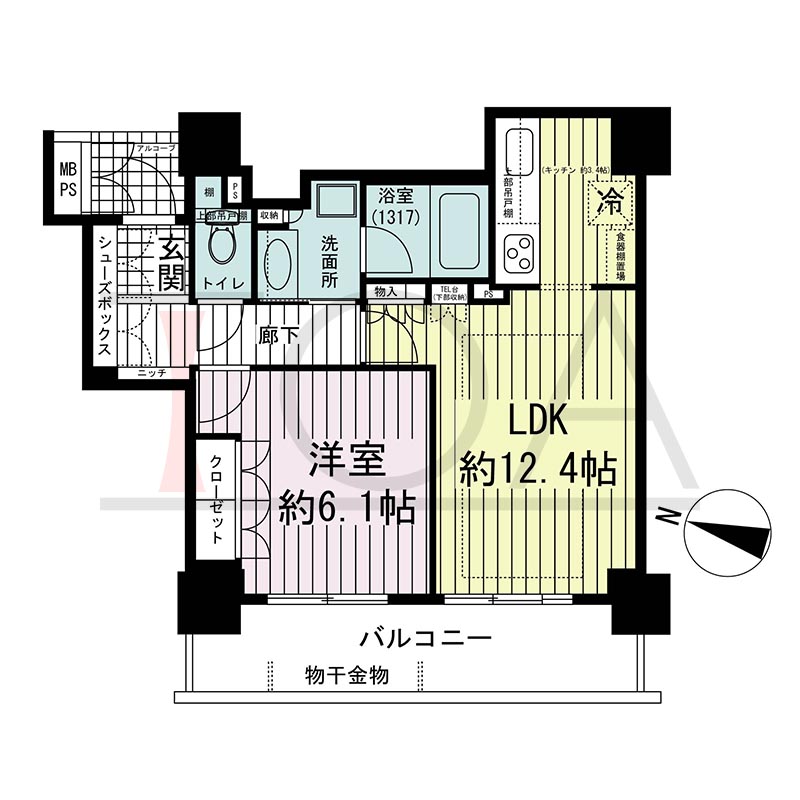 ワコーレ神戸灘タワーの間取り図 西向き 1LDK 専有面積45.87m2
バルコニー面積9.33m2
アルコーブ面積1.75m2