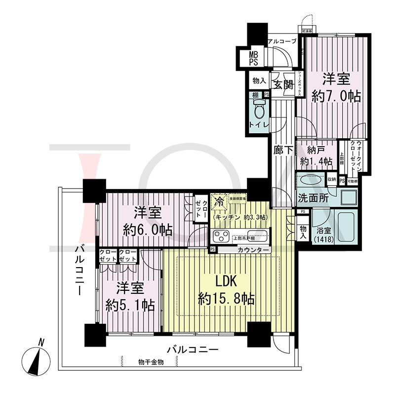 ワコーレ神戸灘タワーの間取り図 南西向き角 3LDK+DEN 専有面積78.10m2
バルコニー面積21.58m2
アルコーブ面積1.74m2