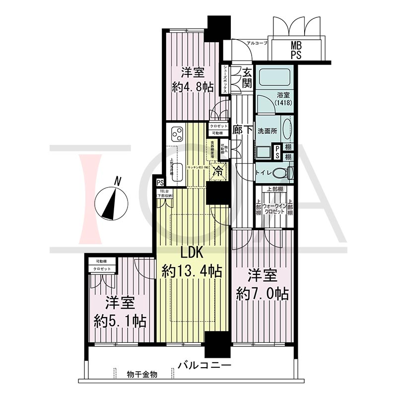 ワコーレ神戸灘タワーの間取り図 南向き 3LDK 専有面積68.61m2
バルコニー面積11.37m2
アルコーブ面積1.37m2