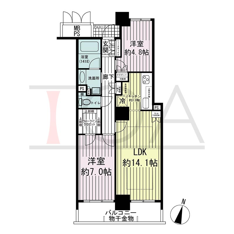 ワコーレ神戸灘タワーの間取り図 南向き 2LDK 専有面積60.83m2
バルコニー面積7.92m2
アルコーブ面積1.37m2