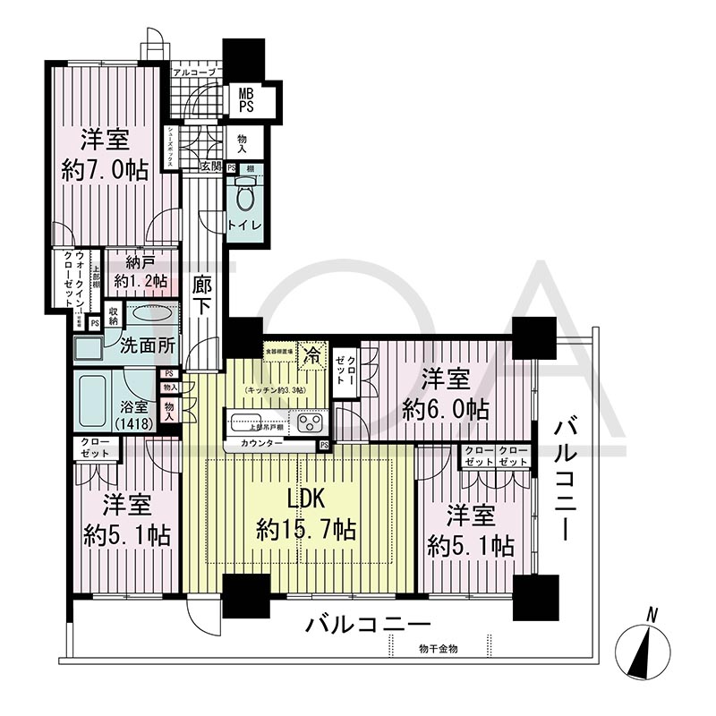 ワコーレ神戸灘タワーの間取り図 南東向き角 4LDK+DEN 専有面積85.89m2
バルコニー面積25.03m2
アルコーブ面積1.74m2