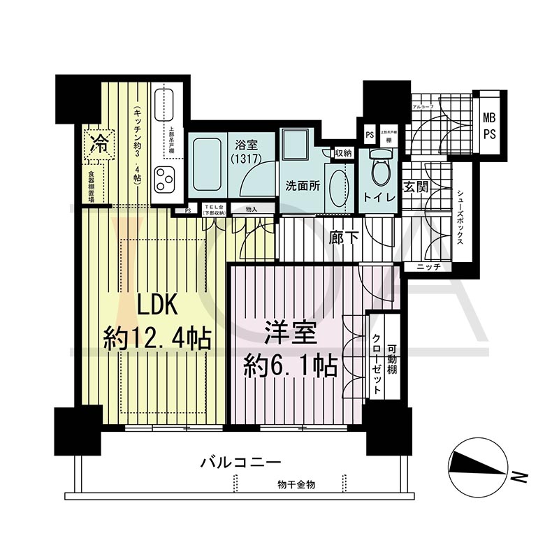 ワコーレ神戸灘タワーの間取り図 東向き 1LDK 専有面積45.87m2
バルコニー面積9.33m2
アルコーブ面積1.75m2