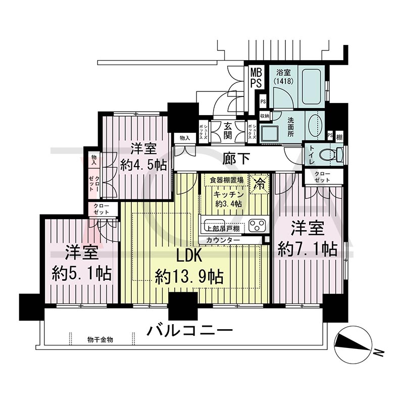 ワコーレ神戸灘タワーの間取り図 東向き角 3LDK 専有面積68.75m2
バルコニー面積13.91m2