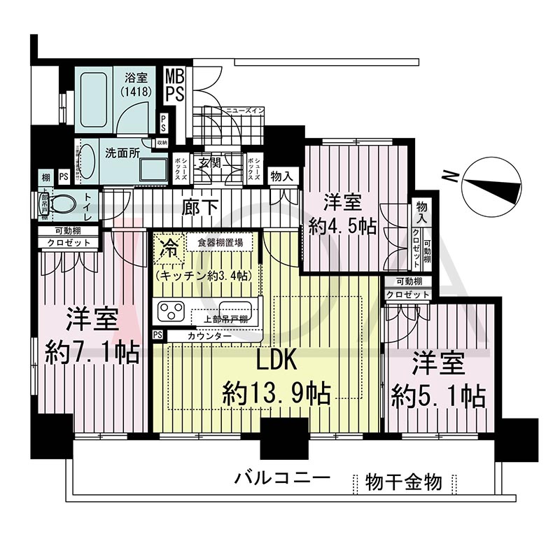 ワコーレ神戸灘タワーの間取り図 西向き角 3LDK 専有面積68.75m2
バルコニー面積13.91m2