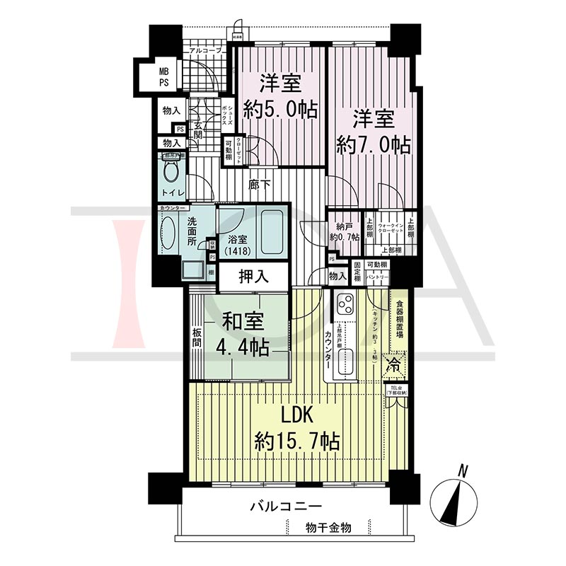 ワコーレ神戸灘タワーの間取り図 南向き 3LDK 専有面積77.97m2
バルコニー面積8.66m2
アルコーブ面積1.74m2