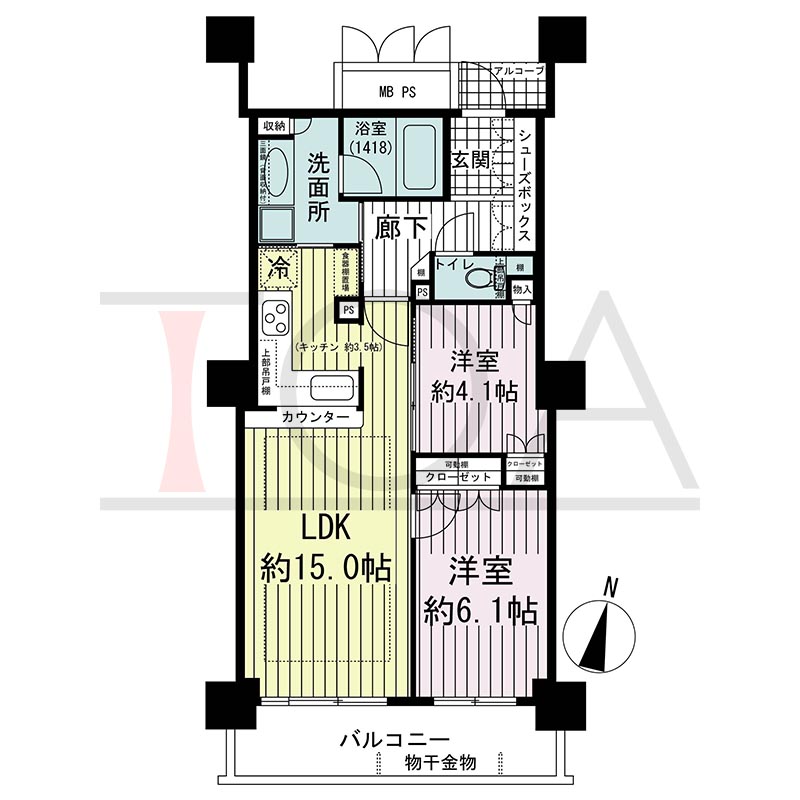 ワコーレ神戸灘タワーの間取り図 南向き 2LDK 専有面積59.14m2
バルコニー面積8.49m2
アルコーブ面積1.37m2