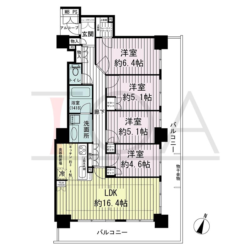 ワコーレ神戸灘タワーの間取り図 南東向き角 4LDK 専有面積85.04m2
バルコニー面積29.38m2
アルコーブ面積1.75m2