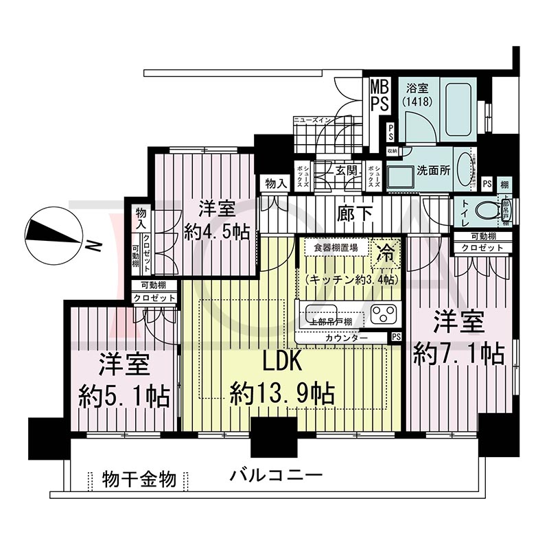 ワコーレ神戸灘タワーの間取り図 東向き角 3LDK 専有面積68.75m2
バルコニー面積13.91m2