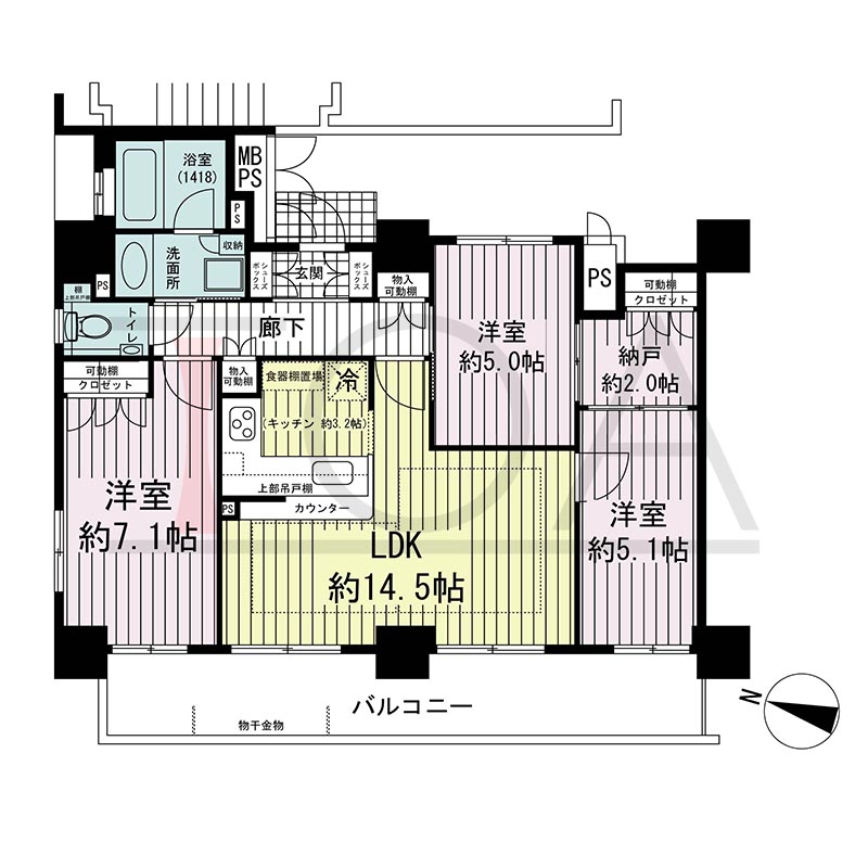 ワコーレ神戸灘タワーの間取り図 西向き角 3LDK+N 専有面積73.26m2
バルコニー面積13.91m2