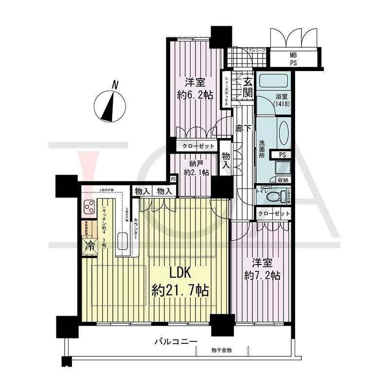 ワコーレ神戸灘タワーの間取り図 南向き 2LDK+DEN 専有面積82.02m2
バルコニー面積13.51m2
アルコープ面積1.37m2
