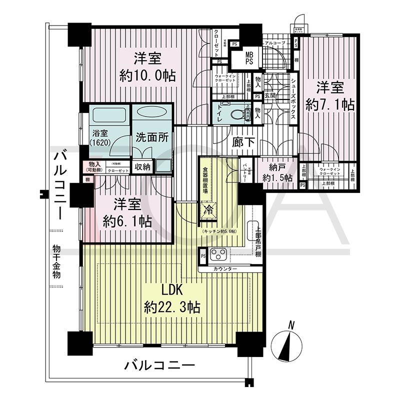 ワコーレ神戸灘タワーの間取り図 南西向き角 3LDK+N 専有面積107.09m2
バルコニー面積28.78m2
アルコーブ面積1.74m2