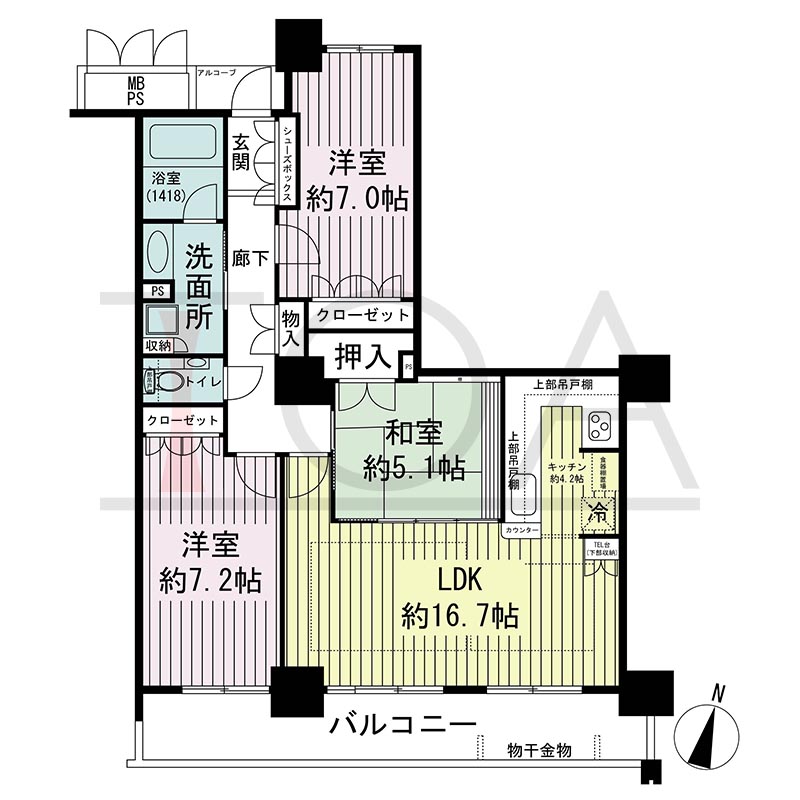 ワコーレ神戸灘タワーの間取り図 南向き 3LDK 専有面積82.02m2
バルコニー面積13.51m2
アルコーブ面積1.37m2