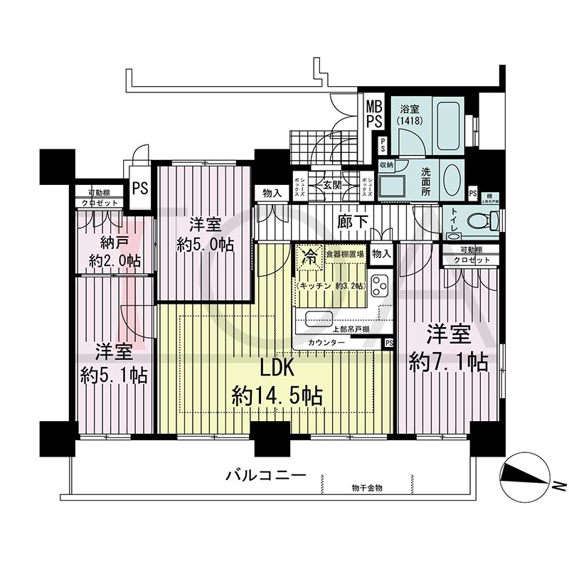ワコーレ神戸灘タワーの間取り図 東向き角 3LDK+N 専有面積73.26m2
バルコニー面積13.91m2
