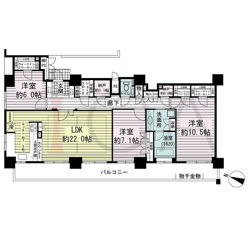 ワコーレ神戸灘タワーの間取り図 西向き角 3LDK+N 専有面積113.51m2
バルコニー面積23.20m2