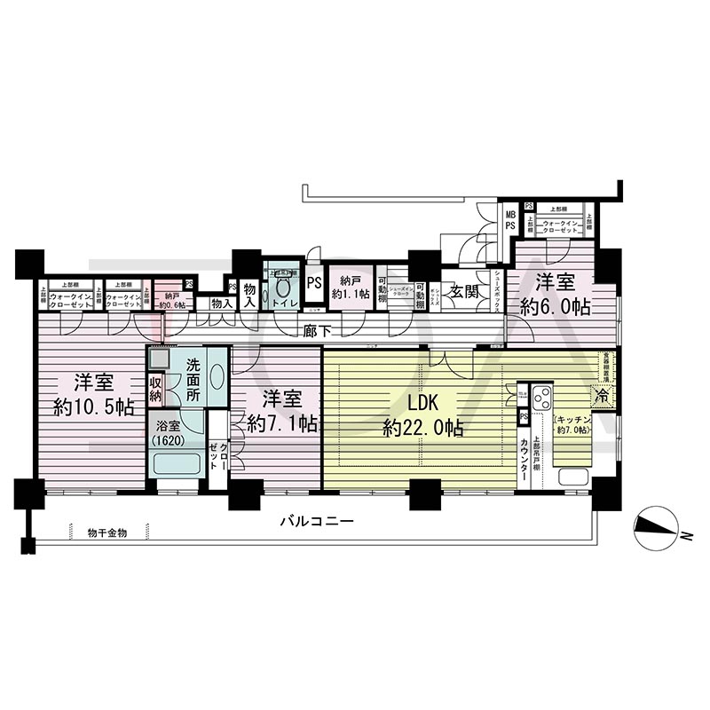 ワコーレ神戸灘タワーの間取り図 東向き角 3LDK+N 専有面積113.51m2
バルコニー面積23.20m2