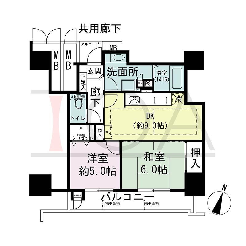 ウェルブ六甲道1番街の間取り図 南向き 2DK 専有面積51.14m2
バルコニー面積8.13m2
アルコーブ面積1.64m2