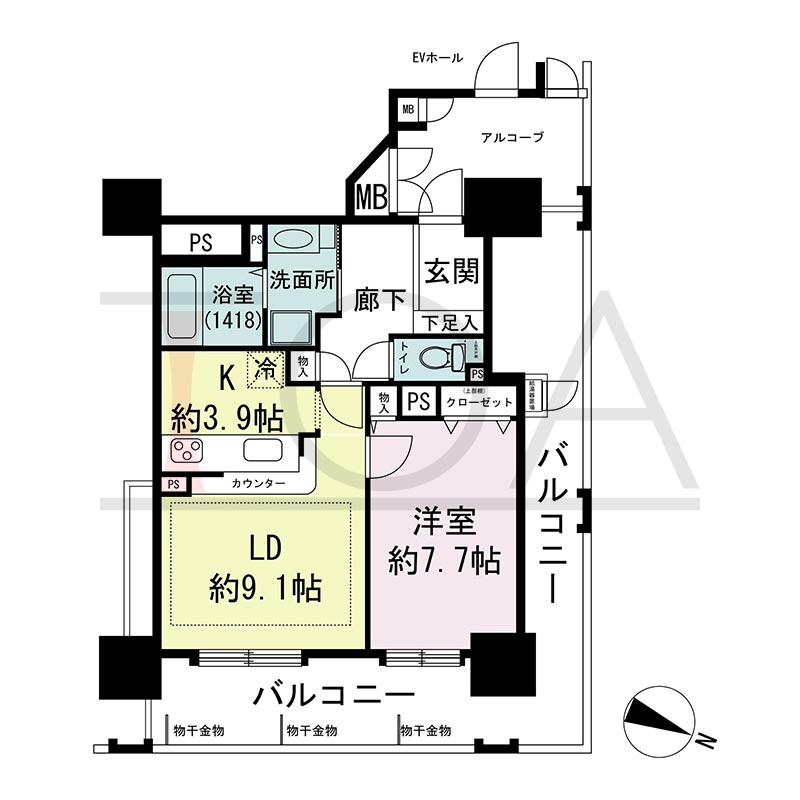 ウェルブ六甲道1番街の間取り図 北東向き角 1LDK 専有面積51.75m2
バルコニー面積27.24m2
アルコーブ面積5.69m2