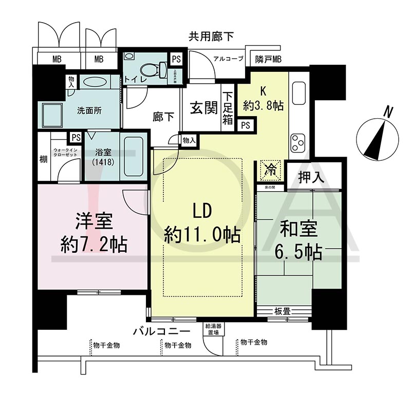 ウェルブ六甲道1番街の間取り図 南向き 2LDK 専有面積67.10m2
バルコニー面積13.28m2
アルコーブ面積1.77m2
