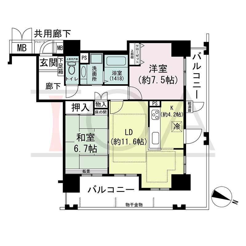 ウェルブ六甲道1番街の間取り図 北東向き角 2LDK 専有面積69.96m2
バルコニー面積26.11m2
アルコーブ面積1.18m2