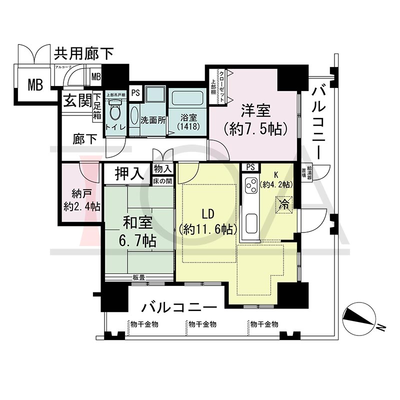 ウェルブ六甲道1番街の間取り図 北東向き角 2LDK+納戸 専有面積73.76m2
バルコニー面積26.11m2
アルコーブ面積1.18m2