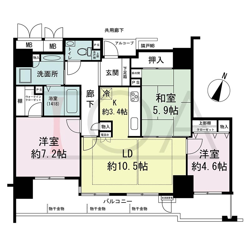ウェルブ六甲道1番街の間取り図 南向き 3LDK 専有面積77.66m2
バルコニー面積16.84m2
アルコーブ面積1.78m2