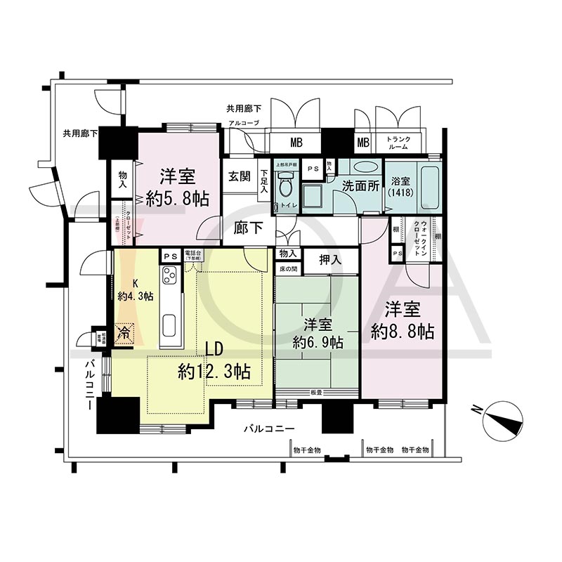 ウェルブ六甲道1番街の間取り図 北西向き角 3LDK 専有面積87.01m2
バルコニー面積27.58m2
アルコーブ面積1.18m2