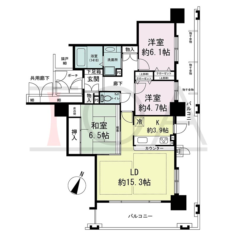 ウェルブ六甲道1番街の間取り図 南東向き角 3LDK 専有面積83.57m2
バルコニー面積36.09m2
ポーチ面積4.09m2
