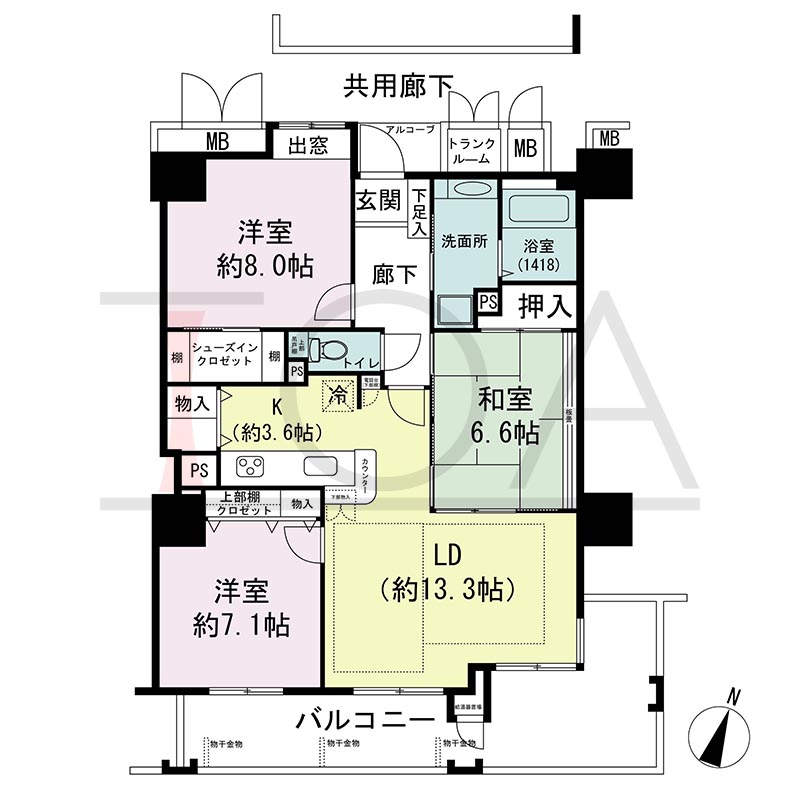 ウェルブ六甲道1番街の間取り図 南向き 3LDK 専有面積86.83m2
バルコニー面積18.45m2
アルコーブ面積1.57m2