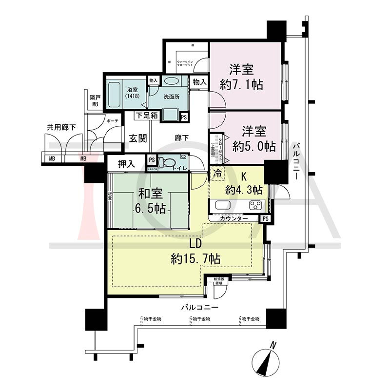 ウェルブ六甲道1番街の間取り図 南東向き角 3LDK 専有面積88.90m2
バルコニー面積37.70m2
ポーチ面積3.40m2