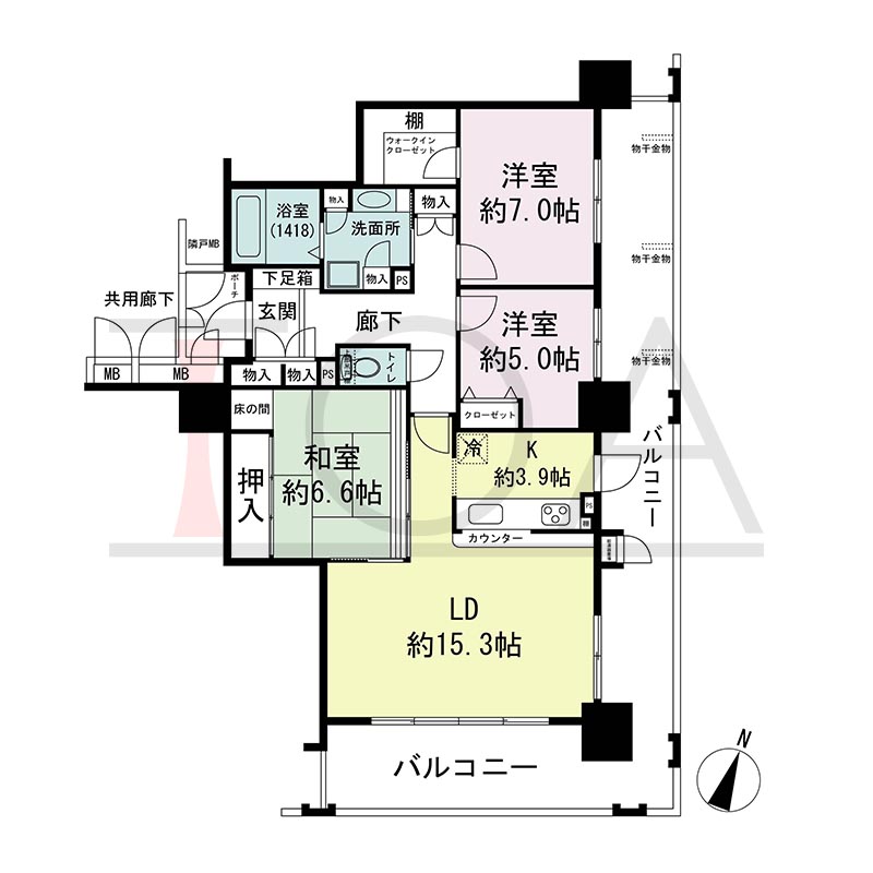 ウェルブ六甲道1番街の間取り図 南東向き角 3LDK 専有面積90.45m2
バルコニー面積36.09m2
ポーチ面積3.34m2